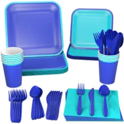 Hallmark Color Pop 96-Piece Tableware Basics Party Kit, Aqua And Indigo