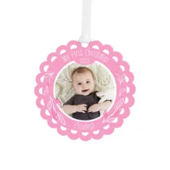 Hallmark Baby’s First Christmas Pink Scalloped Personalized Text And Photo Metal Ornament