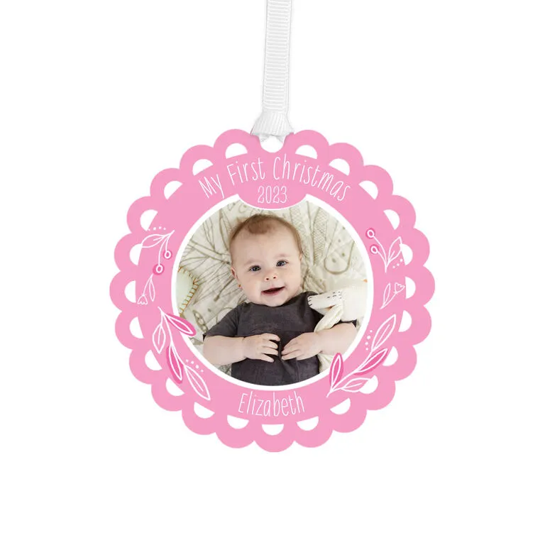 Hallmark Baby’s First Christmas Pink Scalloped Personalized Text And Photo Metal Ornament