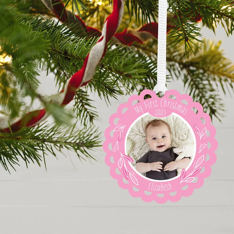 Hallmark Baby’s First Christmas Pink Scalloped Personalized Text And Photo Metal Ornament - Image 2
