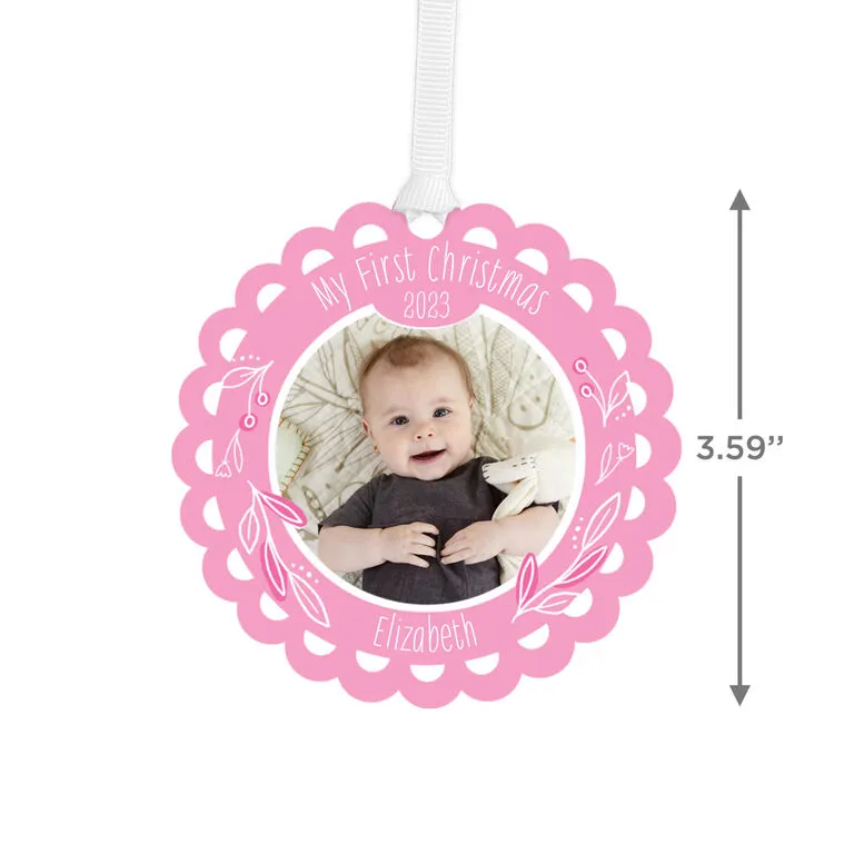 Hallmark Baby’s First Christmas Pink Scalloped Personalized Text And Photo Metal Ornament - Image 3