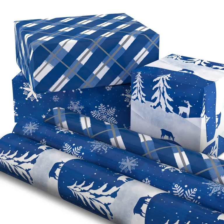 Hallmark Blue And White 3-Pack Holiday Wrapping Paper Assortment, 120 Sq. Ft. - Image 2