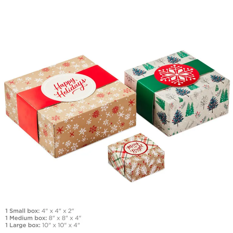 Hallmark Merry And Bright 3-Pack Christmas Gift Boxes, Assorted Sizes And Designs - Image 3