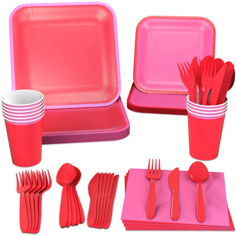 Hallmark Color Pop 96-Piece Tableware Basics Party Kit, Red And Pink