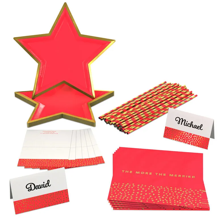 Hallmark Color Pop 60-Piece Tableware Premium Party Kit, Red Star