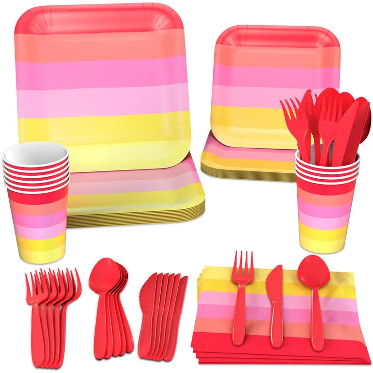 Hallmark Color Pop 96-Piece Tableware Basics Party Kit, Warm Ombré Stripe